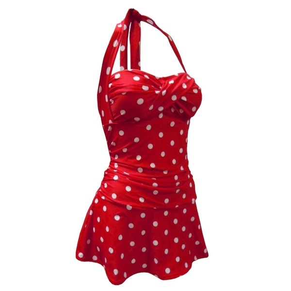 Twist Front Ruched Side Halter Tie Swimdress in Red & White Polka Dot