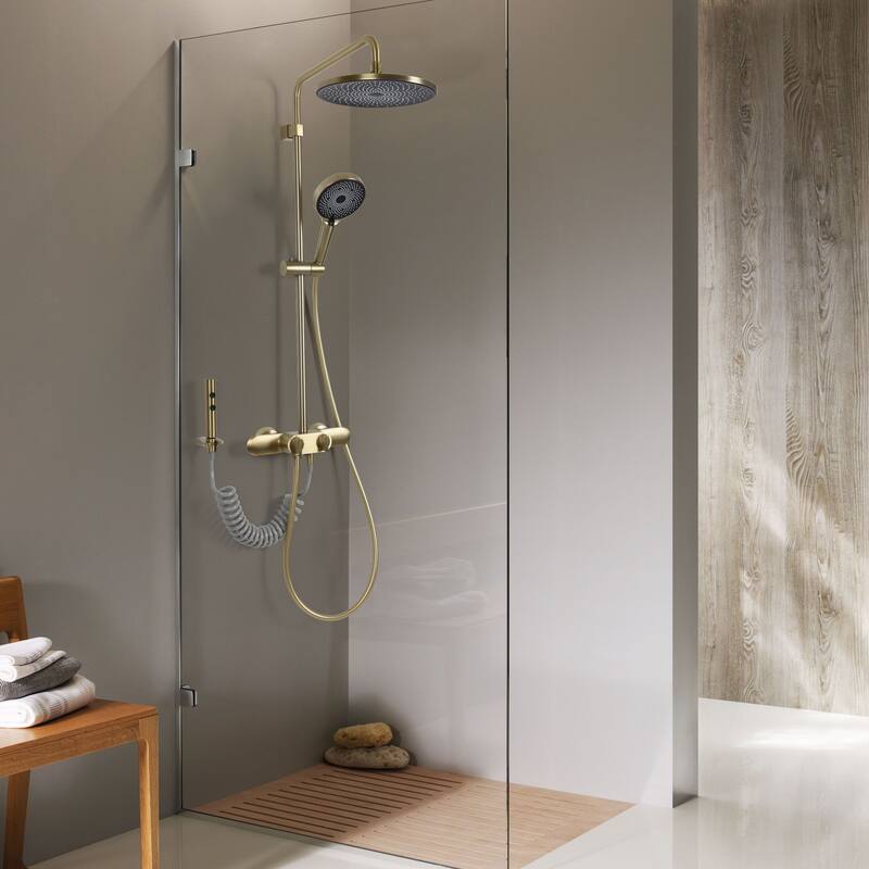 Wall-Mounted Complete Shower System with Rough In-Valve - Brushed Gold