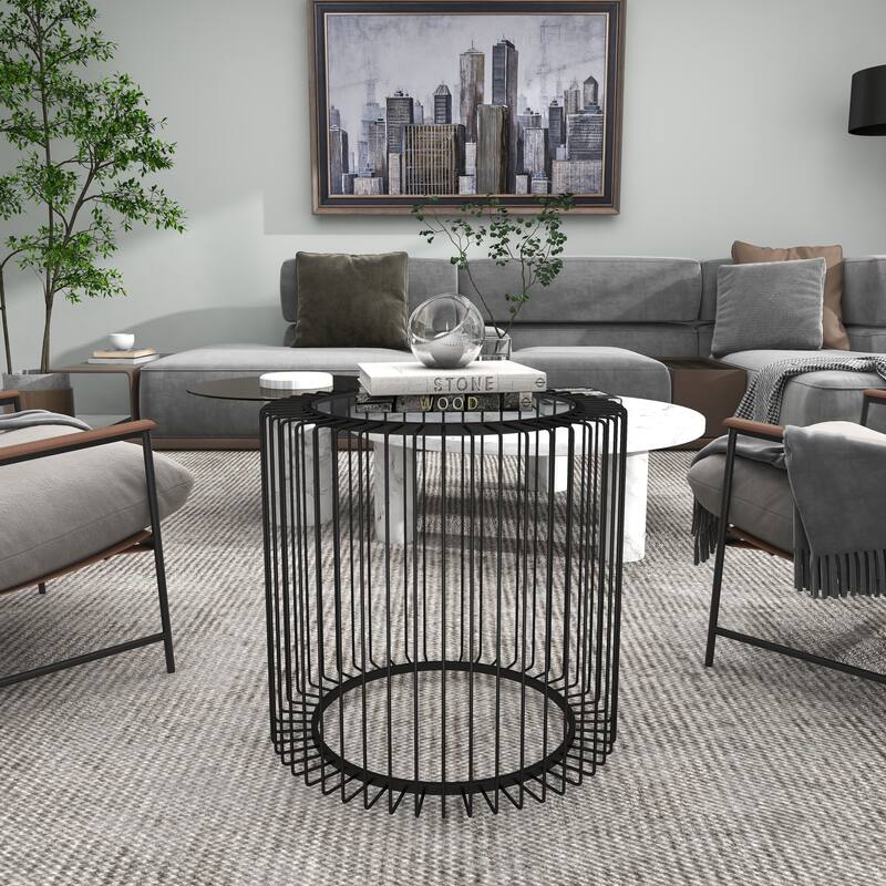 Metal Open Wire Frame Accent Table with Shaded Glass Top - Black - Roche River Decor