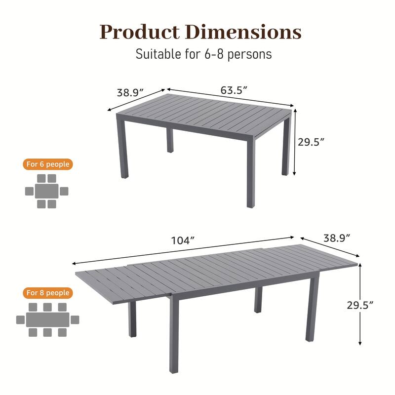 Outdoor Patio Dining Sets with Rattan Chairs and Aluminum Extendable Dining Table for 8 Persons