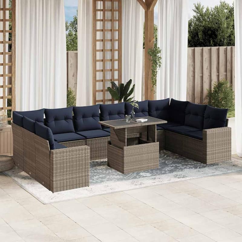 vidaXL 11 Piece Patio Sofa Set with Cushions Black/Brown/Gray Poly Rattan - 24.4 x 24.4 x 27.2 - Gray