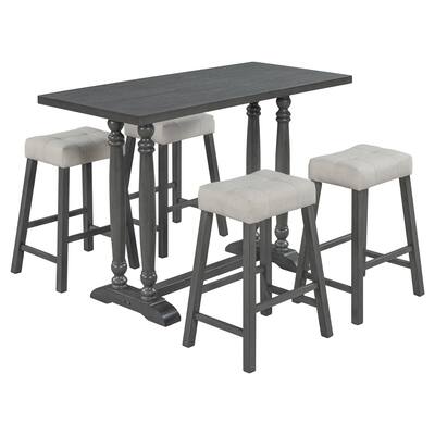 5-Piece Dining Table Set, Counter Height Dining Furniture with a Rustic Table and 4 Upholstered Stools