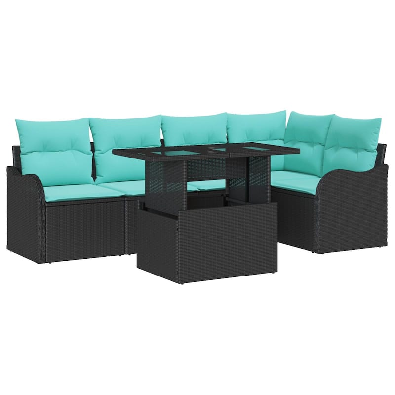 vidaXL 6 Piece Garden Sofa Set with Cushions Black Poly Rattan - 47.6×24.4×27.2