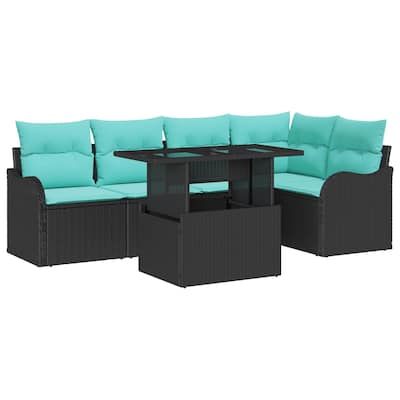 vidaXL 6 Piece Garden Sofa Set with Cushions Black Poly Rattan - 47.6×24.4×27.2