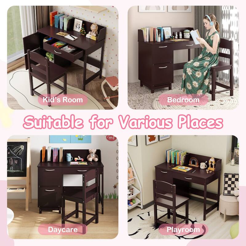 Gymax Kids Study Desk & Chair Set w/Chair 2 Storage Cabinets Drawer 4
