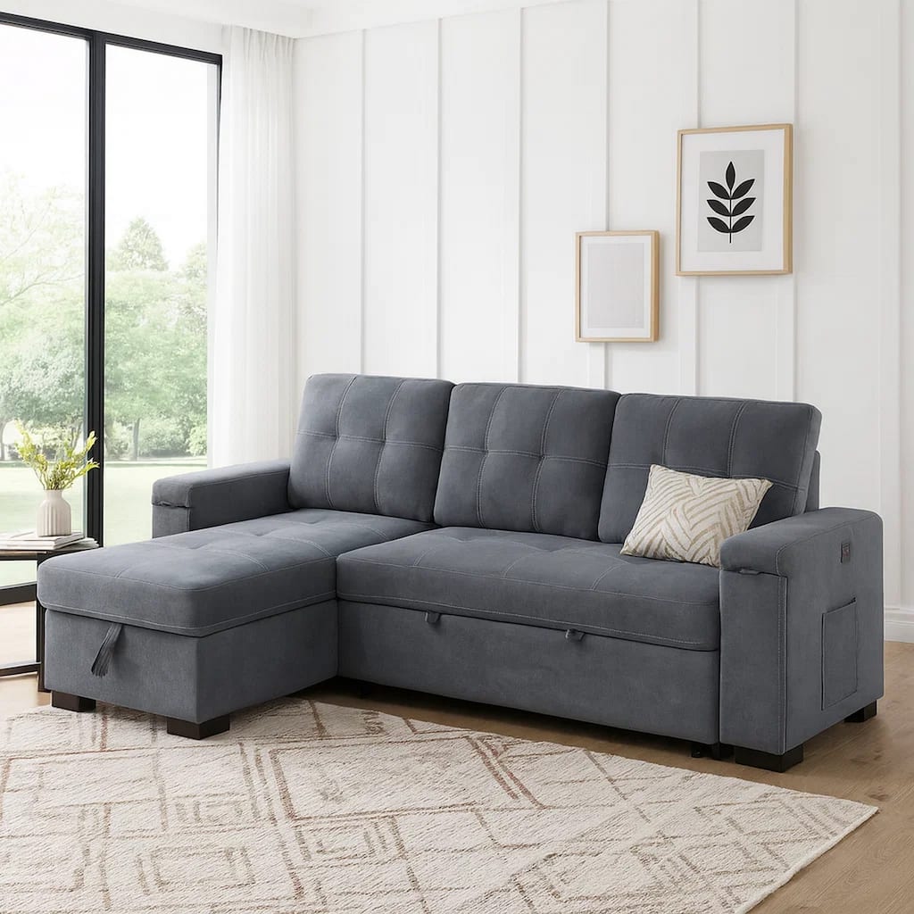 95 Inch Sleeper Sectional Sofa with Storage Chaise, USB Ports, Woven Gray