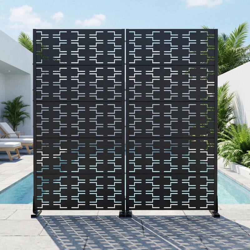 Outdoor Privacy Screen Metal Screen Fence Panel Set of 2 - Black - 59"x30"