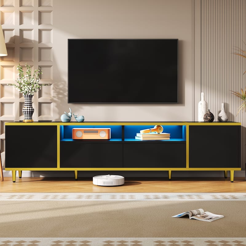 Modern TV Stand for TVs up to 80 Inches with LED Lights 2 Drawers 2 Cabinets 2 Shelves and Metal Legs