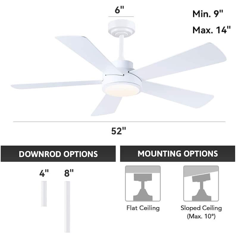 Kviflon 52" Downrod Ceiling Fan with Light and Remote,Reversible DC Motor,5 Plywood Dual Side Blades - 52 Inches