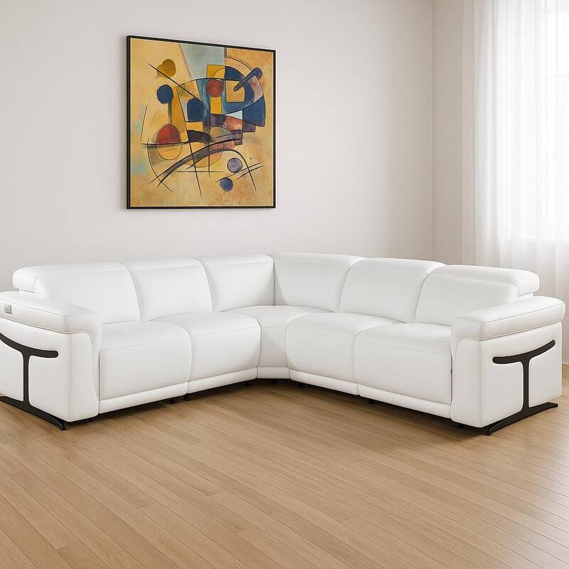 HomeRoots White Italian Leather Modular L Shaped Five Piece Corner Sectional - Reversible - White