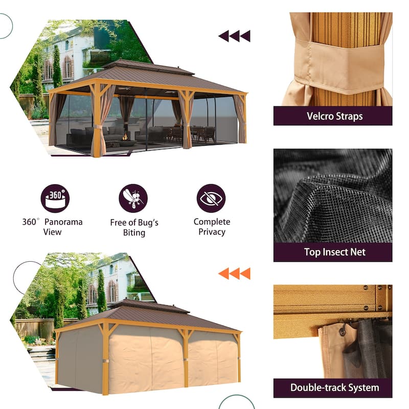 Outdoor Gazebo Pergola with Galvanized Steel Roof, Wooden Coated Aluminum Frame, and Included Privacy Curtains & Netting