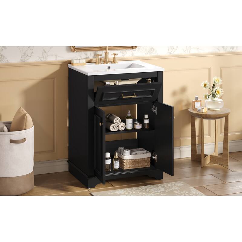 Roomfitters 24 Inch Bathroom Vanity with Integrated Ceramic Sink, Storage Cabinet & Tilt-Down Compartment