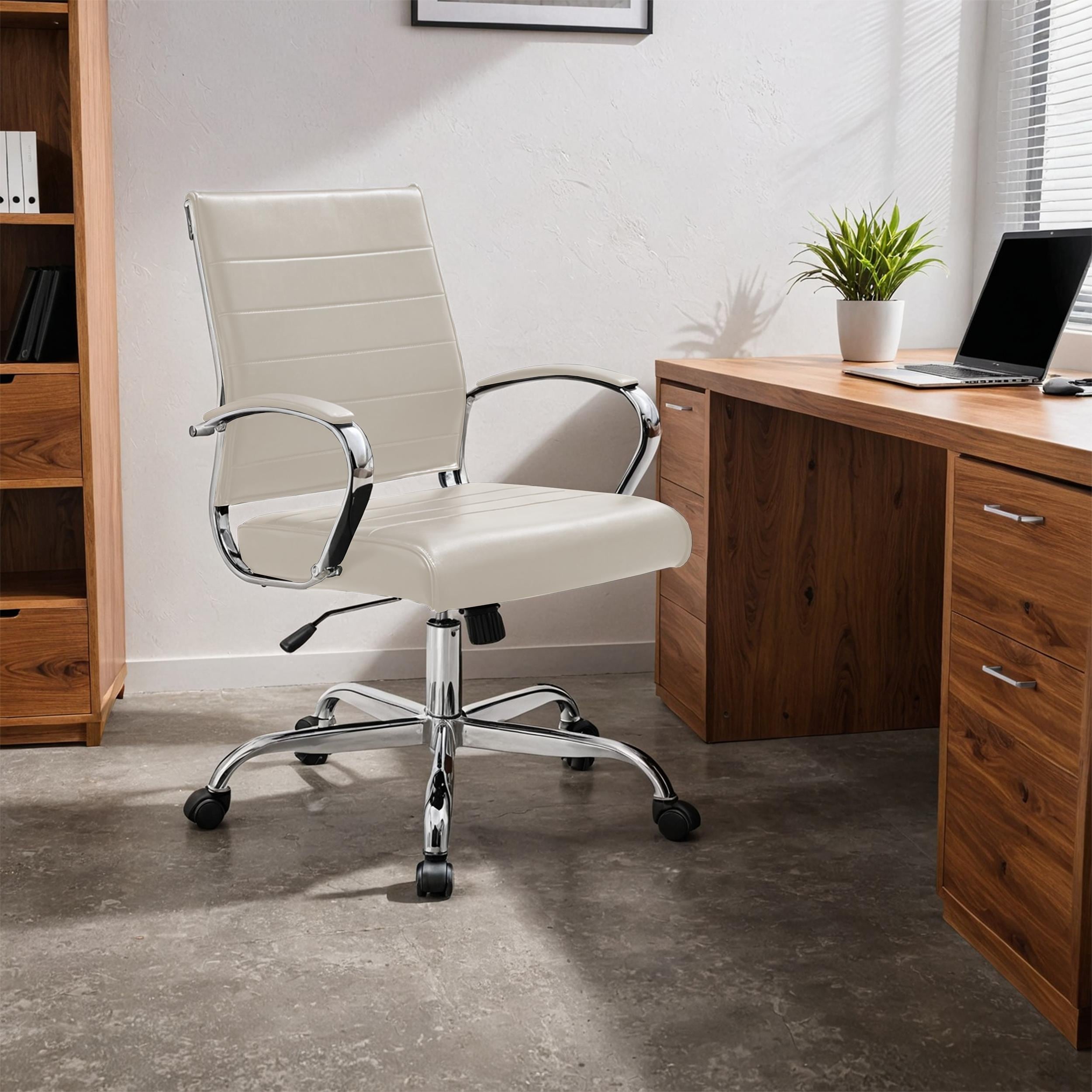 Benmar Ribbed Executive Office Chair, Ergonomic Swivel Desk Chair, Padded Chrome Arms, Black PU Leather