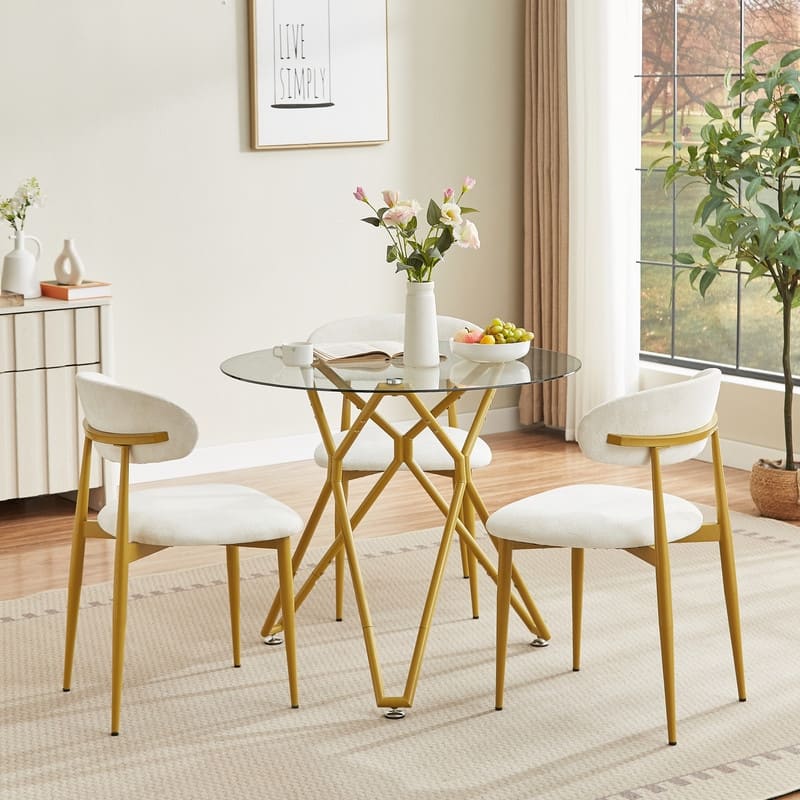 Set of 2 Modern Farmhouse Dining Chairs - Curved Backrest, Soft Padded Seat in White & Gold