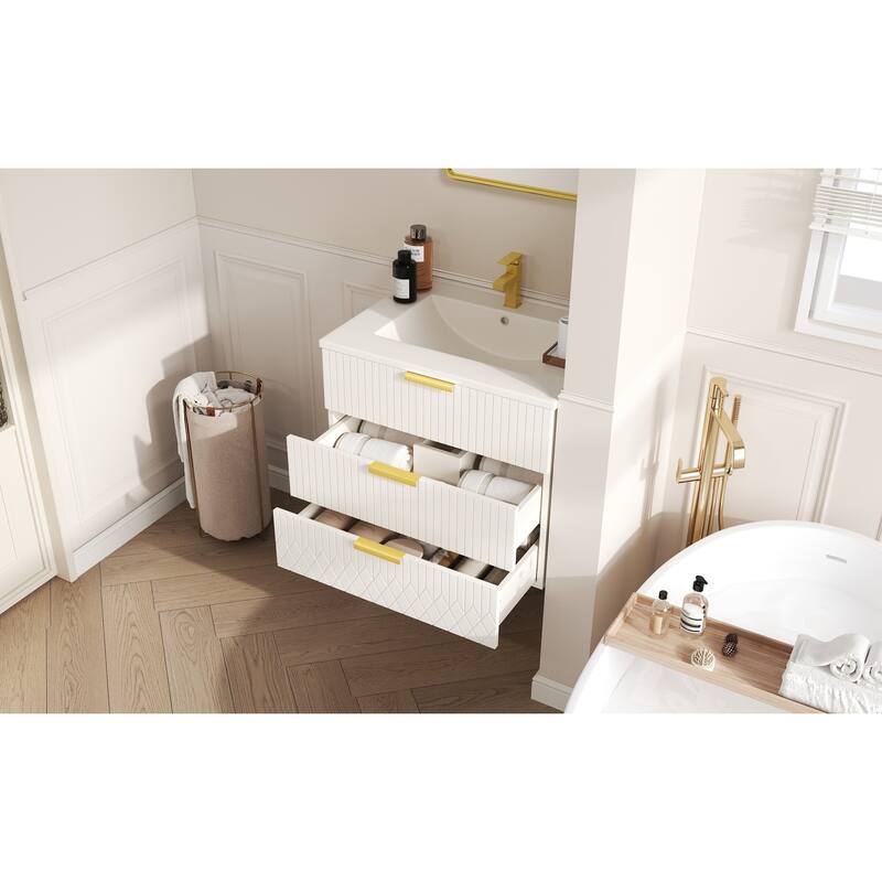 24'' Wall Mounted Bathroom Vanity with Ceramic Sink, Floating Bathroom Cabinet with 2 Drawers, Small Bathroom Storage Cabinet