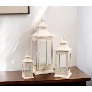 Set of Three Ivory Glass and Metal Ornate Floor Lantern Candle Holders ...