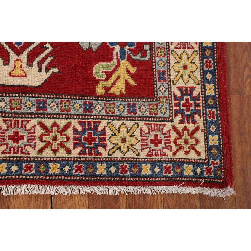 Red Geometric Kazak Rug Handmade Oriental Foyer Wool Carpet - 3'3" x 5'5"