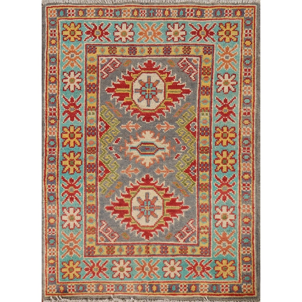Traditional Gray Kazak Oriental Foyer Rug Handmade Wool Carpet - 2'0"x 3'0"