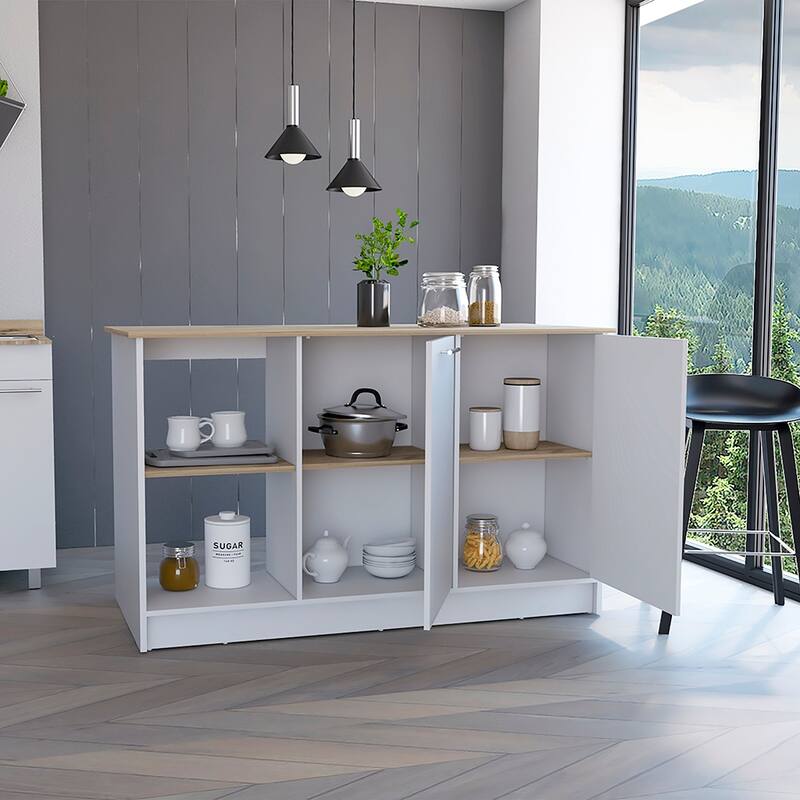 59-Inch Kitchen Island with Double Door Cabinets & Open Shelves, Light Oak/White Design