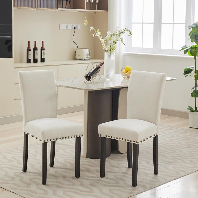 Dining Chairs Set of 2 Upholstered Fabric Kitchen Chairs with Nailhead Trim（Option） - Beige