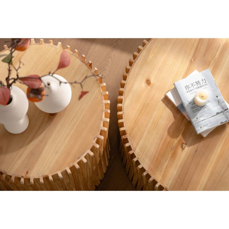 Retro Fashion Style Cylindrical Coffee Table with Vertical Texture Relief Design,Suitable for Living Room,Office(Set of 2)