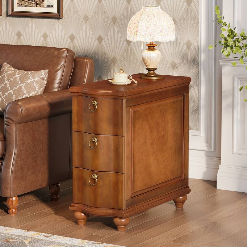 Wood Side Table with 3-Drawers, Fully Assembled End Table for Living Room, Tall Narrow Nightstand for Bedroom - 1-Piece