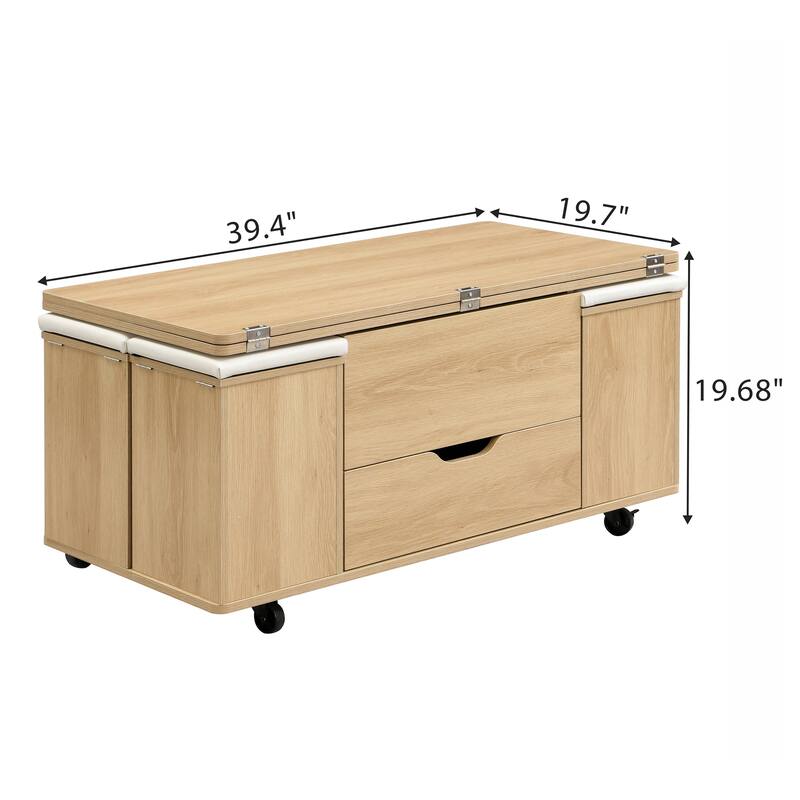 Lift-Top Coffee Table with Hidden Storage & 4 Stools - Multi-Functional Modern Center Table with Casters