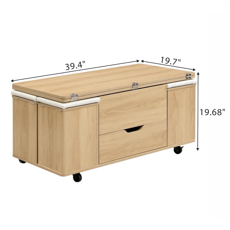 Roomfitters Multi-Functional Lift-Top Coffee Table with Hidden Storage, Modern Center Table with 4 Stool & Caster, Natural/White