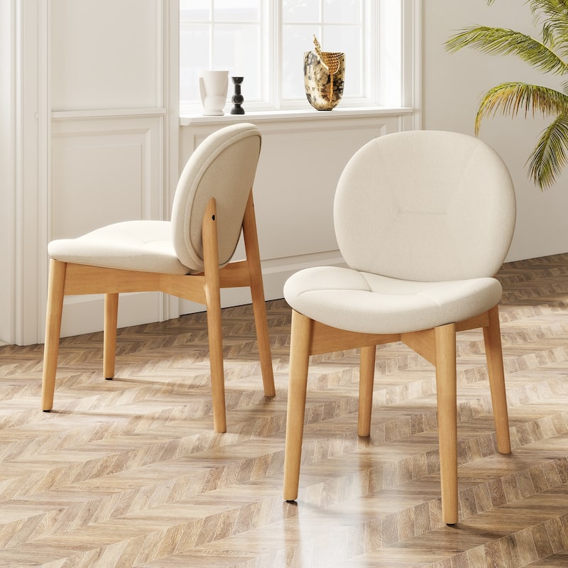 White-Natural Rubber Wood Dining Chair Set of 2 with Boucle Cushion and Ergonomic Design - 20" x 24" x 33"