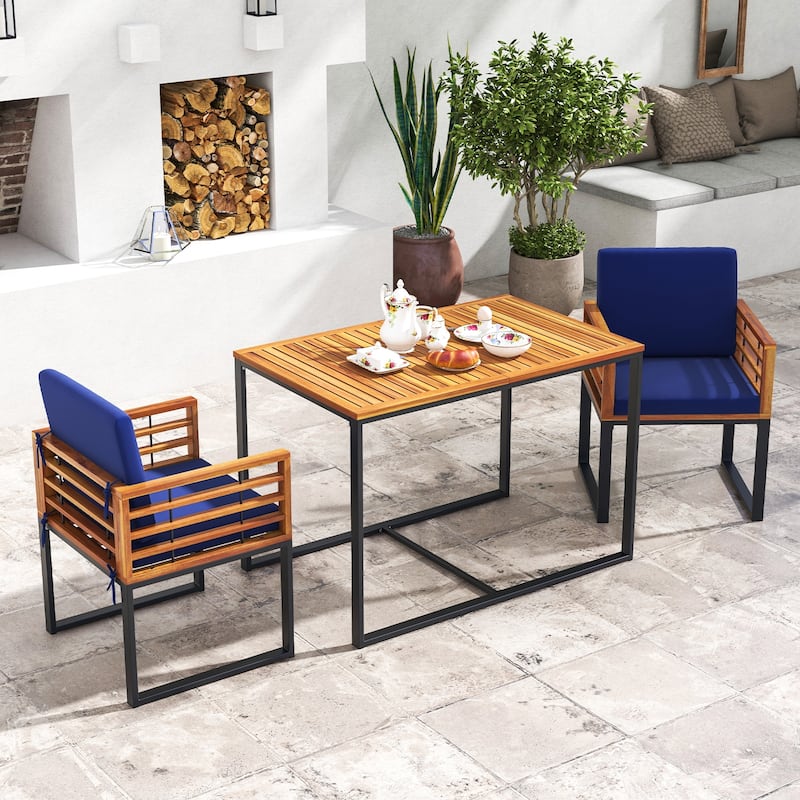 2-Piece Outdoor Solid Wood Dining Chairs with Navy Seat and Metal Frame Included Cushions - 21” x 23” x 25.5” (L x W x H)