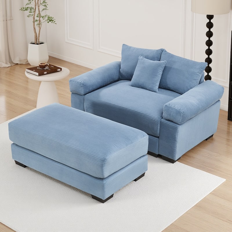 Oversized Chaise Lounge Corduroy Chair Indoor Single Sofa with Ottoman for Living Room Bedroom