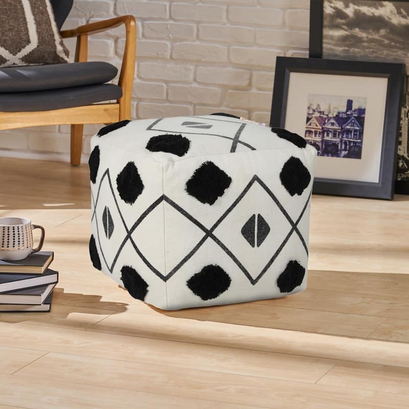 Geometric White Cotton Pouf Ottoman 18 Inch for Living Room Decor