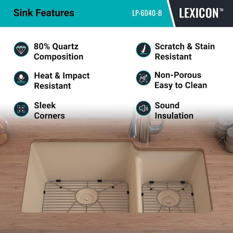 32"x19" Quartz Granite Kitchen Sink, 60/40 Double Bowl Drop-in/Undermount - 19x32