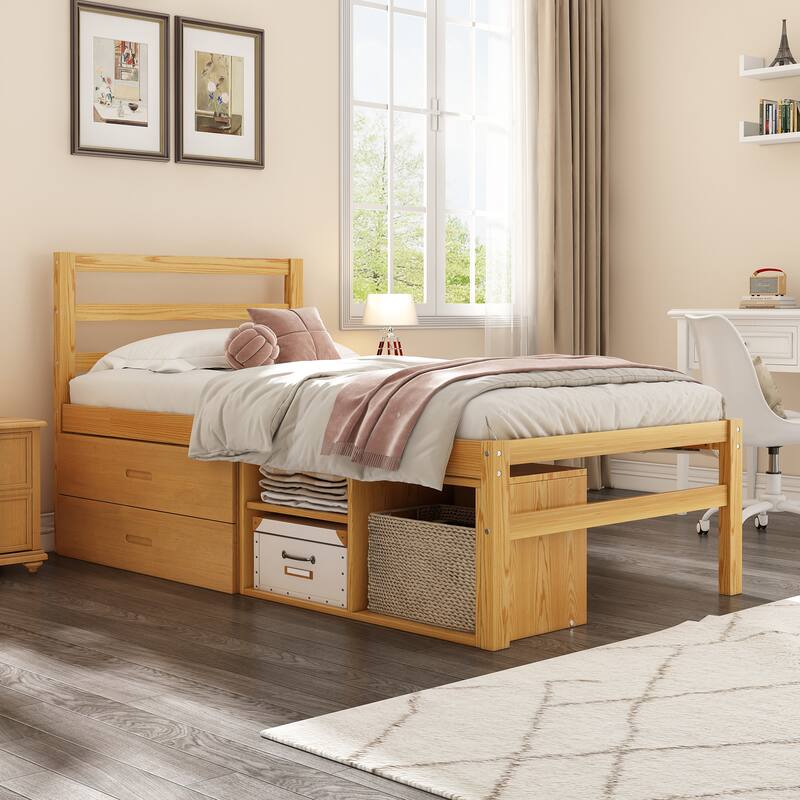 Full Size Solid Wood Bed Frame with Customizable Storage Shelves and Built-In Drawers, No Box Spring Needed