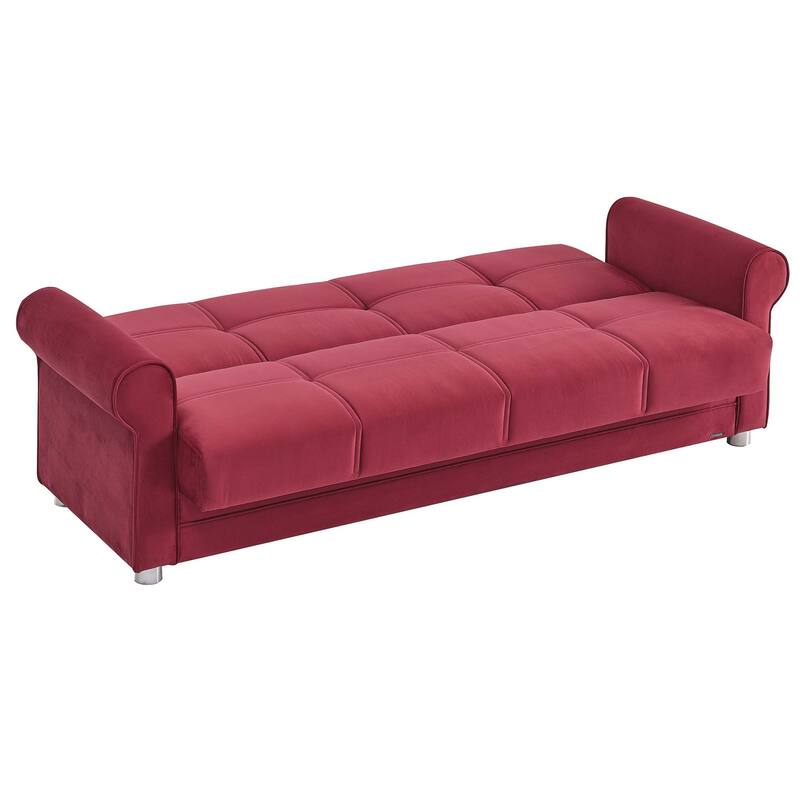HomeRoots 89" Burgundy Microfiber Convertible Futon Sleeper Sofa And Toss Pillows With Storage
