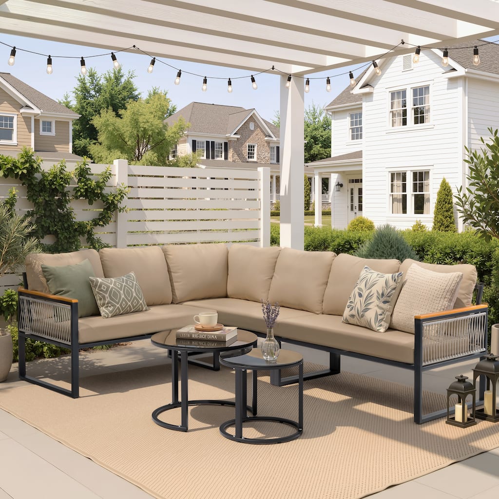 All-Weather Outdoor Patio Rope High-Resiliency Cushions Conversation Set with Round Nesting Coffee Table