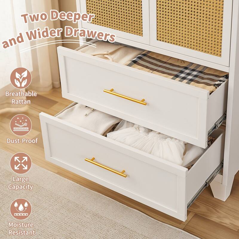 Rattan Armoire Wardrobe Closet Cabinet with Drawer & Hanging Rod - 65"H x 31.5"W x 17.7"D