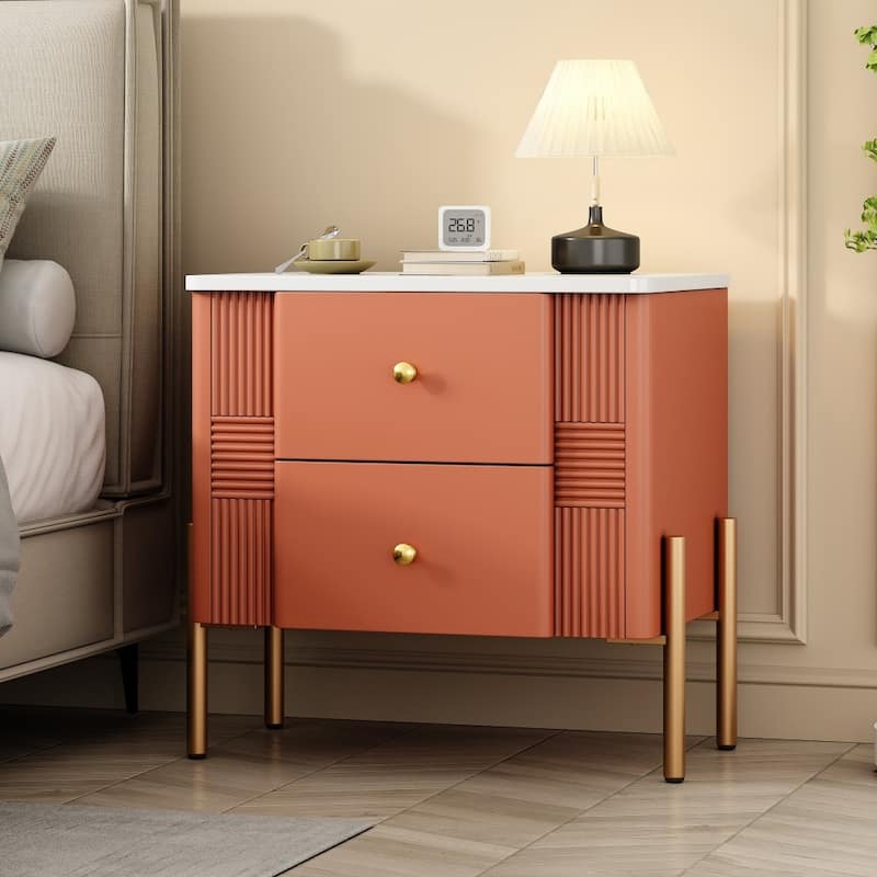Modern Nightstand with 2 Storage Drawer and Golden Metal Handles for Living Room - Orange
