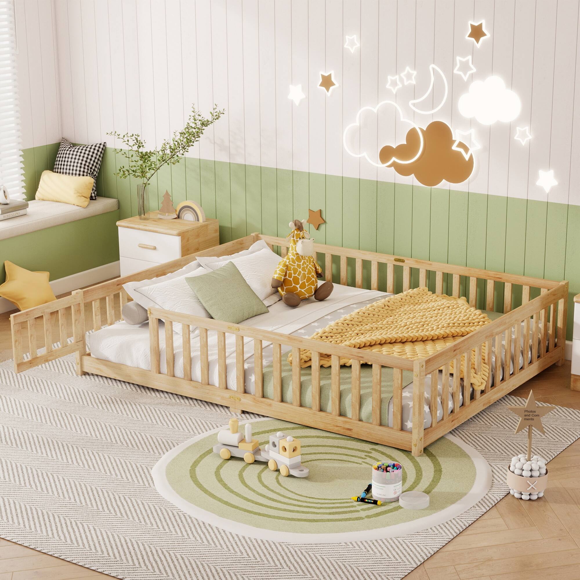 Rubber Wood Floor Bed with Fence and Door,Twin Size