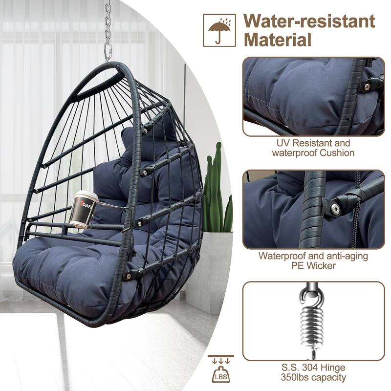 Swing Hammock Egg Basket Chairs, UV Resistant Cushion Hanging Chair, Foldable Frame Ceiling Rattan Chair