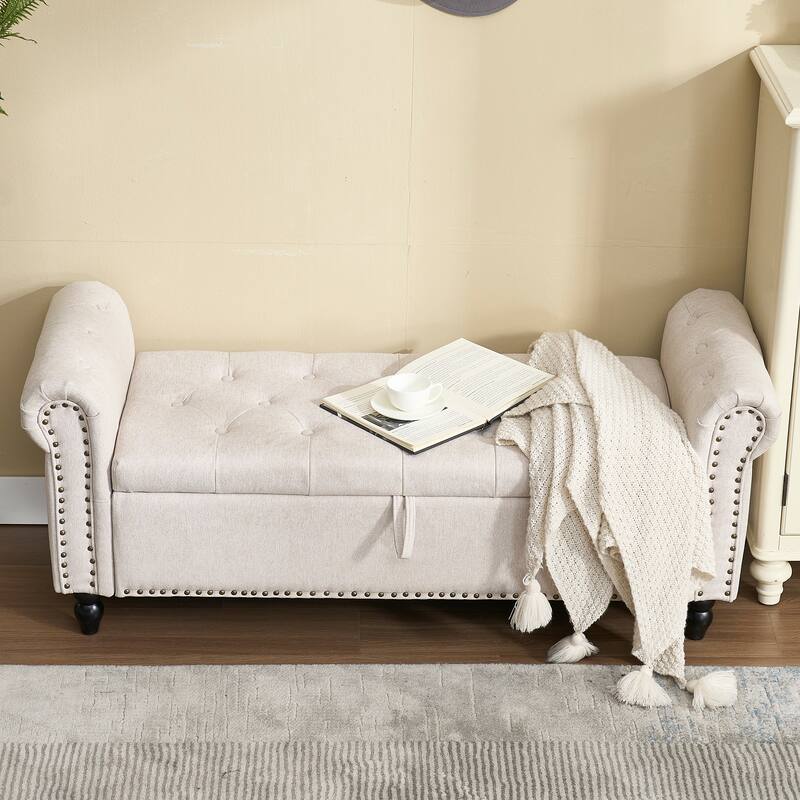 Upholstered Storage Ottoman Bench - Button Tufted Linen Ottoman with Hidden Storage for Living Room or Bedroom