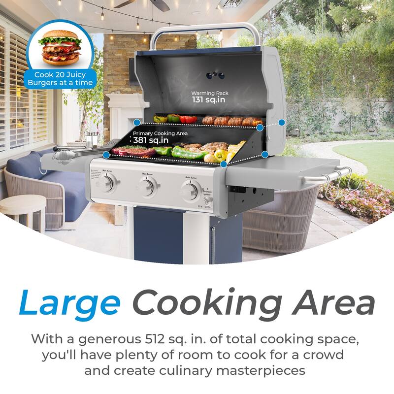 Kenmore 3-Burner Propane Gas Grill with Foldable Side Shelves