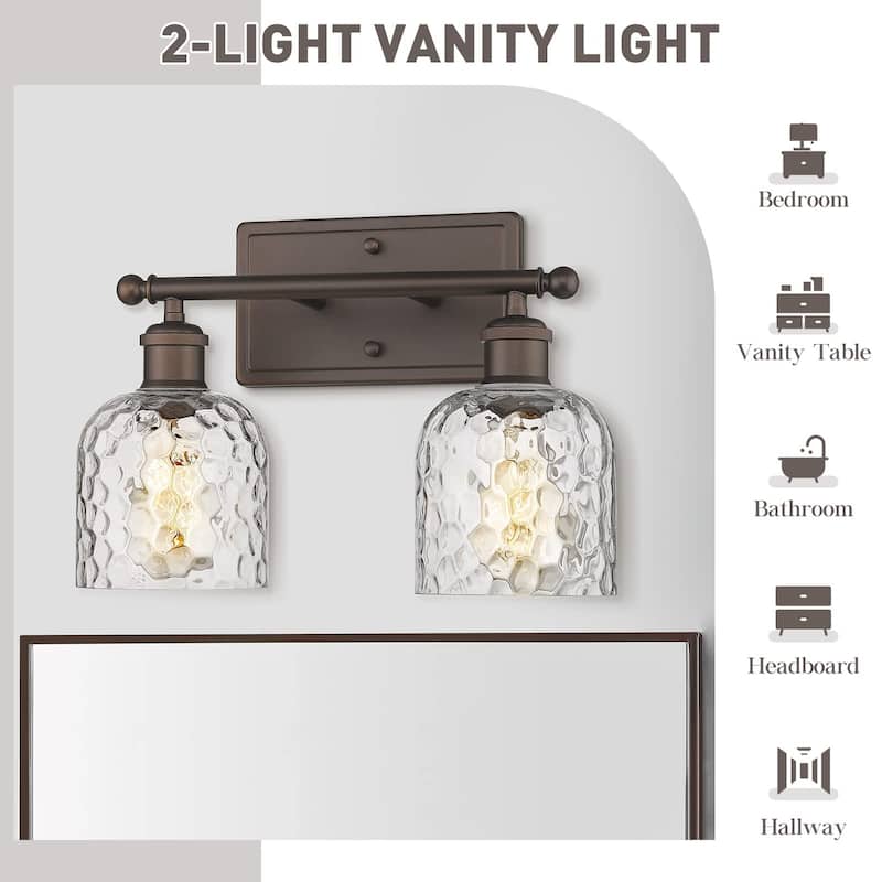 2-Light Bathroom Vanity Light, Clear Hammered Glass,