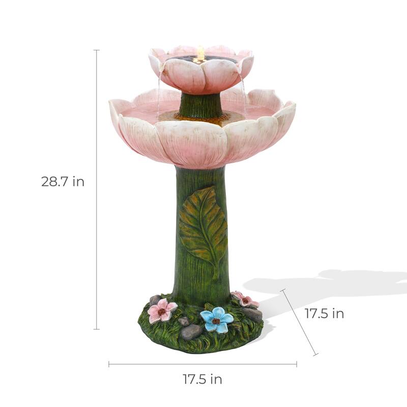 Solar Powered Pink Flower 2-Tier Resin Birdbath Fountain with Lights