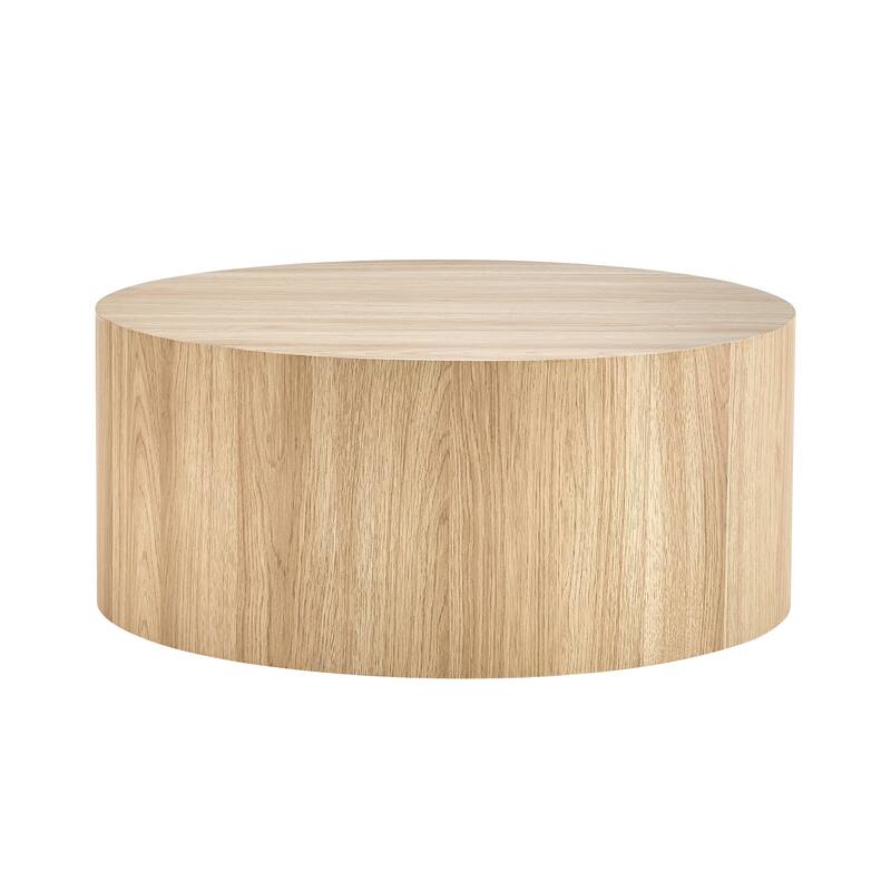 Round Wood Coffee Table 27.5" Solid Drum Side Table for Living Room, Modern Cylinder Cocktail Table for Home Office
