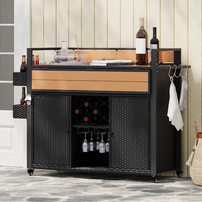 Marils Wicker Rolling Kitchen Island with Extended Plastic Wood Table Top(53-in x28-in x42-in) - Black