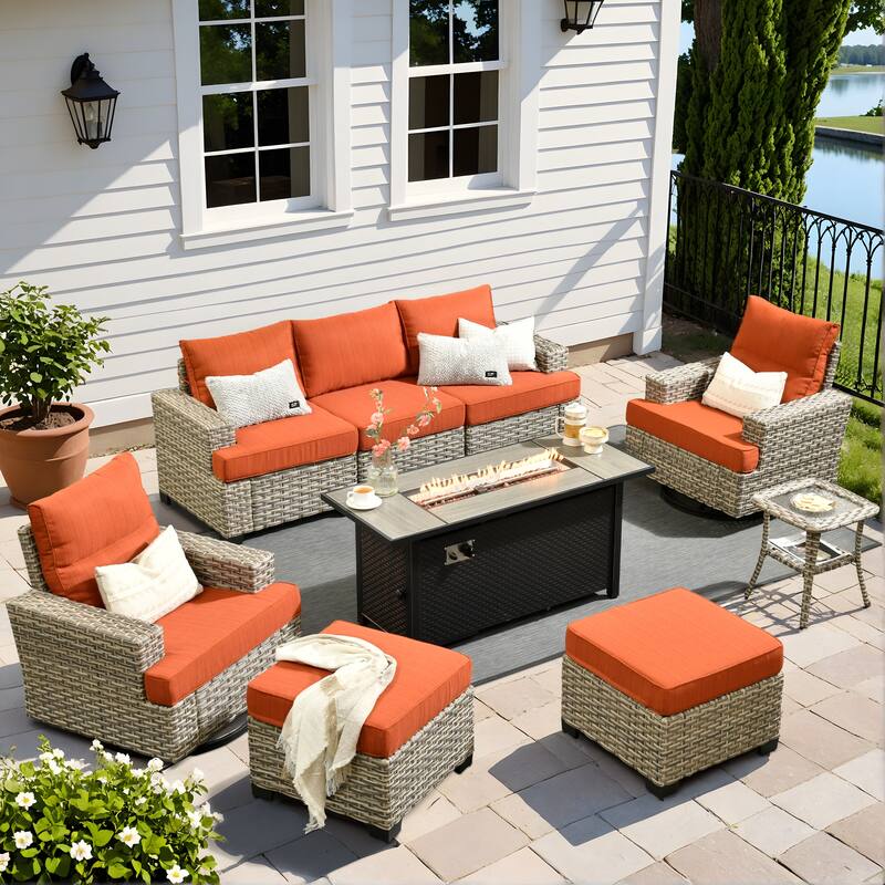 XIZZI 9-Piece Outdoor Patio Furniture Swivel Chair Set with Fire Pit - Red/Orange