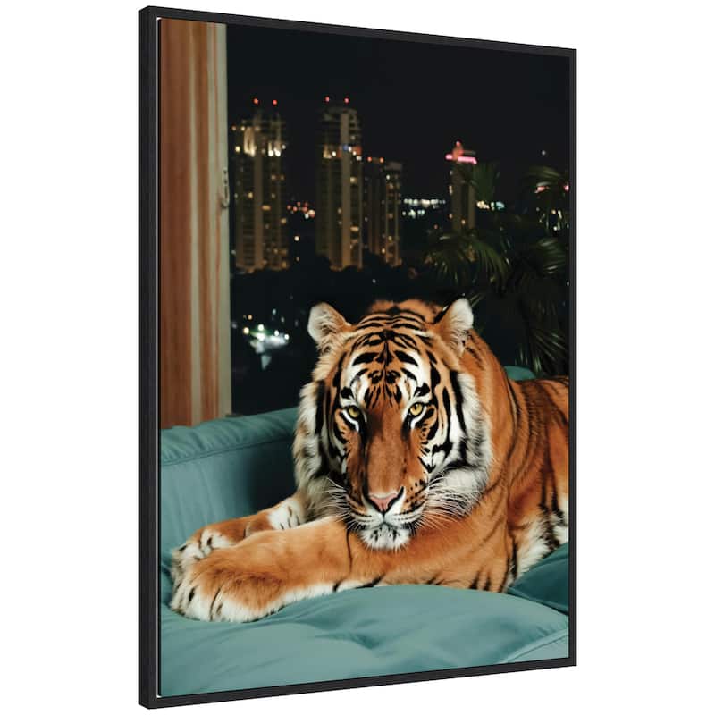 Kate and Laurel Sylvie Tiger in the City at Night 1 Framed Canvas by Michael Schauer - 28x38 - Black