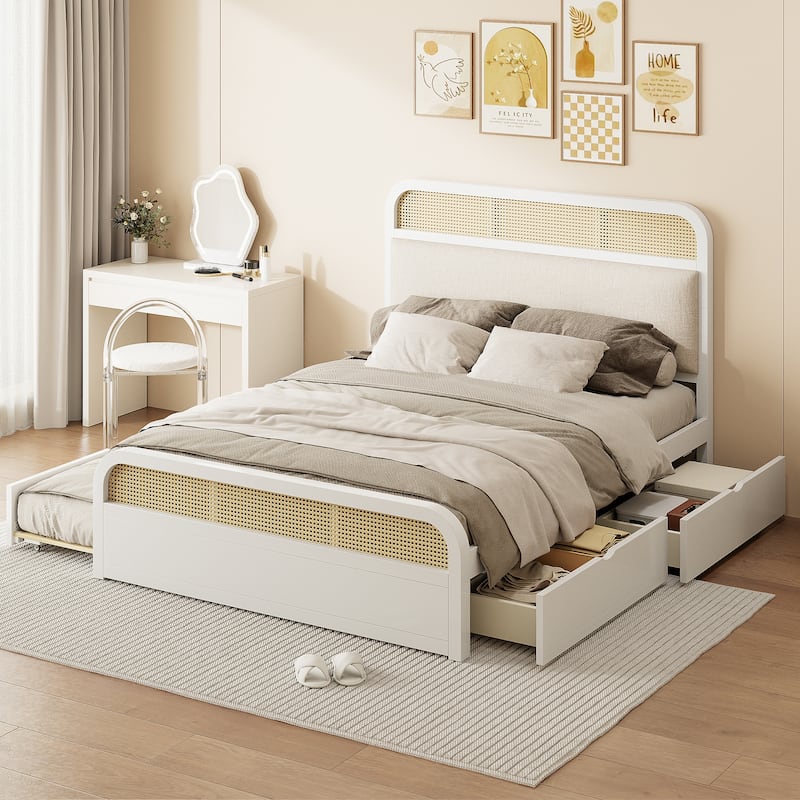 Boho Cane Wooden Platform Bed Queen Storage Bed with Wooden Headboard, Trundle and 2 Storage Drawers