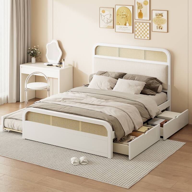 Rattan Platform Bed Queen Wooden Bed Frame with Twin Trundle and 2 Drawers, Headboard with Padded Cushion Mattress Not Included